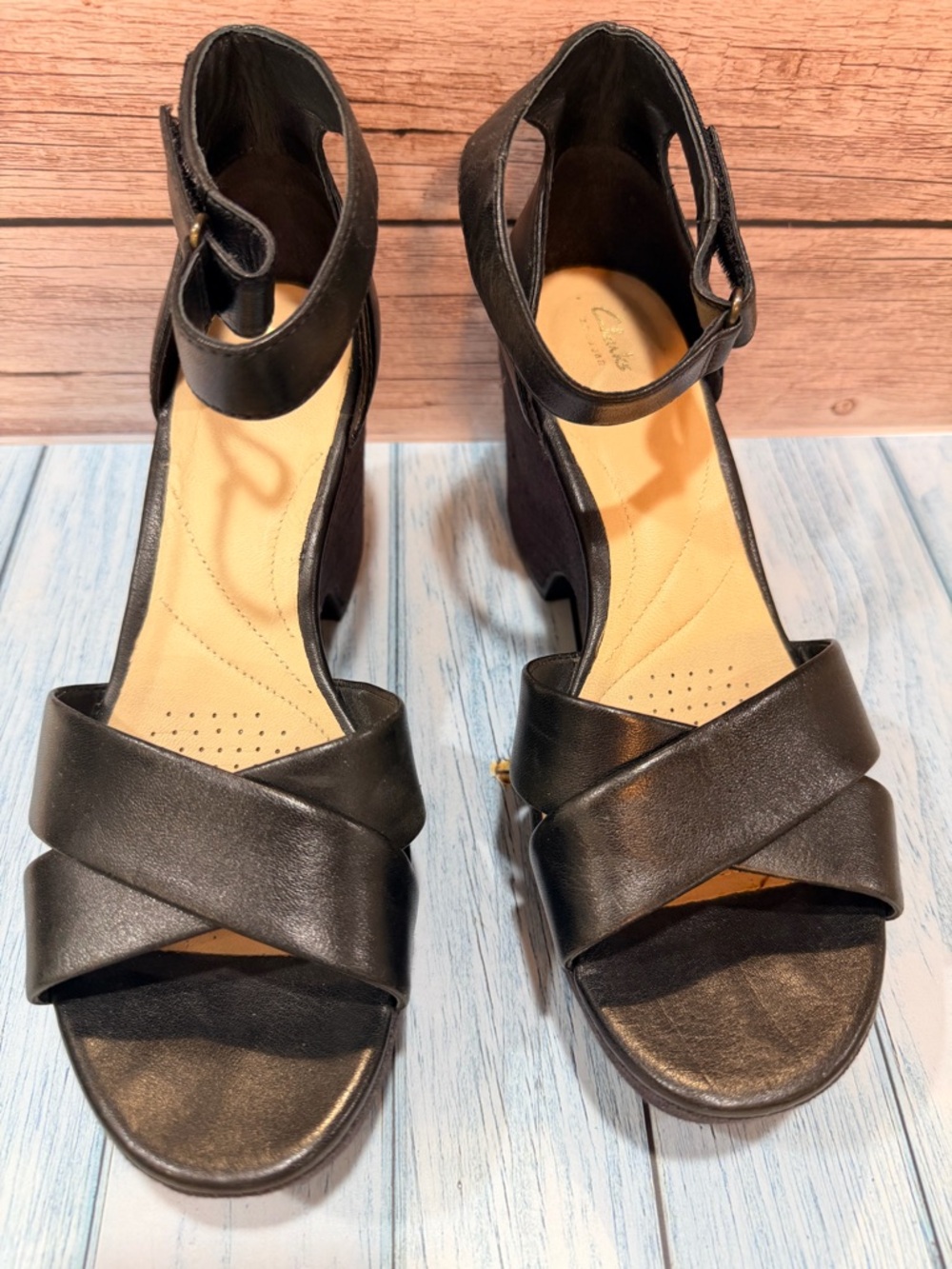 Clarks Black Leather Crisscross Ankle Strap Heels